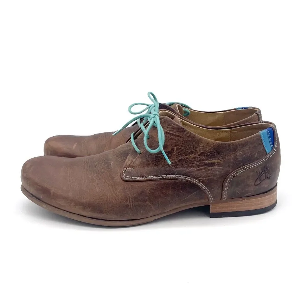 John Fluevog CBC Radio Derby Oxford Shoes Brown Leather Turquoise Men’s Size 8